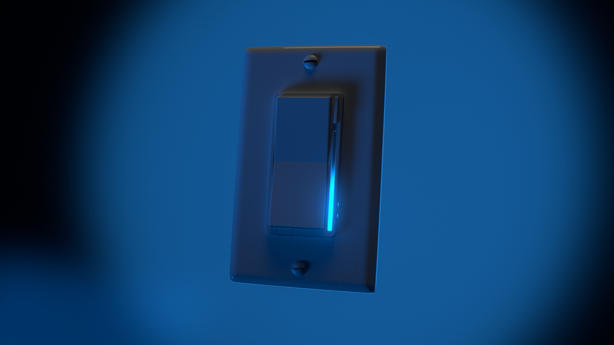 Close up of a modern smart wall switch with a blue LED indicator on a blue gradient background